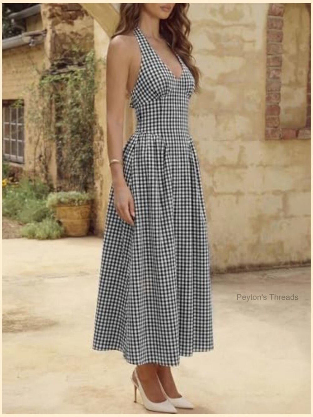 Halter V Neck Corset Maxi Dress Plaid Smocked Tie Back Backless Drop Waist - Picture 4 of 7